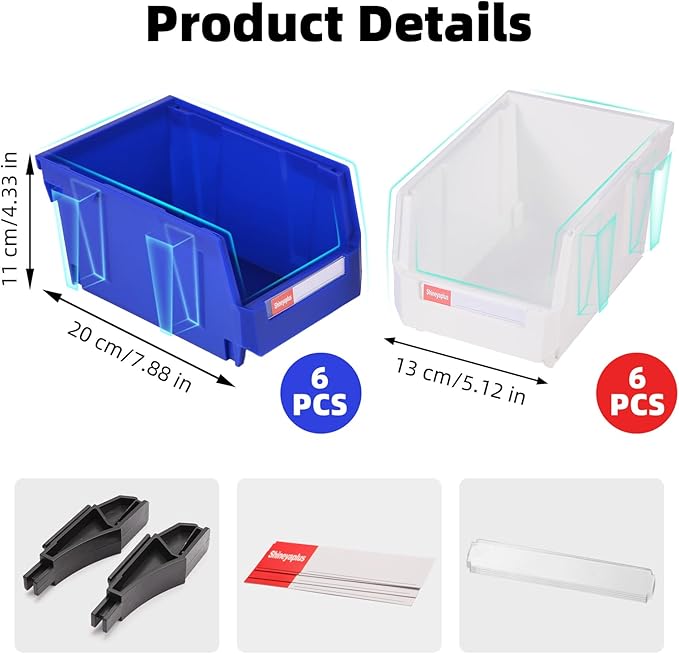 Stackable Storage Bins 12 Pack (7x5x4 Inch), Plastic Stackable Storage Organizer Bins Wall Mounted Hanging Small Parts Bin for Garage, Workbench & Office (Blue & White)