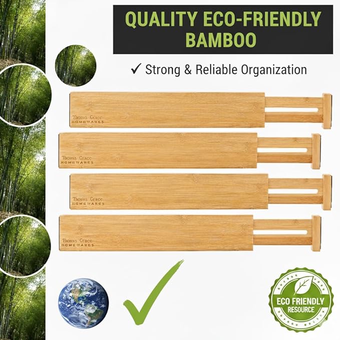 Bamboo Kitchen Drawer Organizer Divider Stackable for Deep Drawers. (Set-of- 4) Spring Loaded Dividers that are Expandable & Adjustable. Kitchen Organizer.