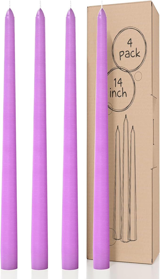 CANDWAX Lavender 14 inch Taper Candles Pack of 4 - Unscented Smokeless Dripless Candlesticks - Perfect for Special Occasions, Ordinary Dinners, Holidays and as Easter Candles - Lilac Candle Sticks