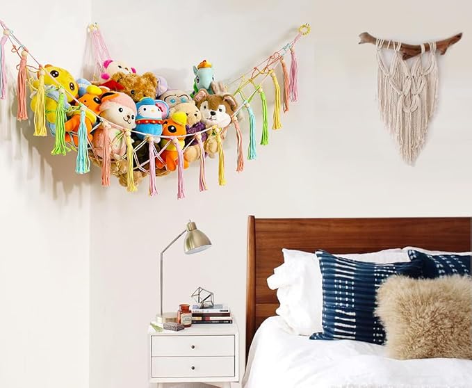 YKBU Stuffed Animals Hammock Corner Hanging Net with Wooden Beads Macrame Stuffed Animal Storage Ideas Plush Holder Toy Organizer for Boho Nursery Playroom Bedroom Kids Room Decor (Colorful, X-Large)