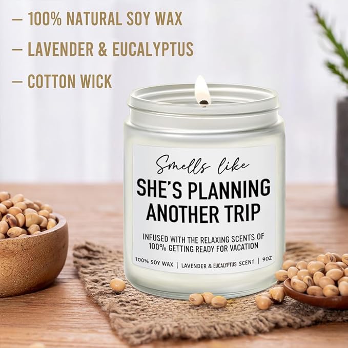 She's Planning Another Trip Candle Travel Gifts for Women, Funny Gifts for Travelers, Funny Birthday Planning Traveling Gift for Travelers Women, Mom, Couple, Friend, Lavender Eucalyptus Candles 9OZ