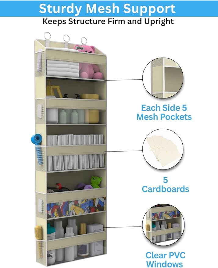 Over the Door Organizer with 5 Large Pockets & 10 Mesh Side Pockets – Durable Hanging Storage for Closet, Bathroom, Bedroom, and Nursery– Space Saving Door Storage with Sturdy Metal Hooks.