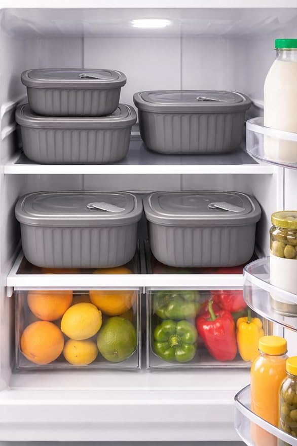 Set of 4 BPA-Free Square Food Storage Containers Assorted Sizes, Microwave & Freezer Safe Nesting Design for Leftovers Meal Prep Fridge Organization Dry Grains (Gray)