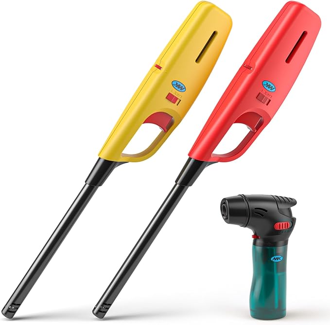 MK Lighter 3-Pack Multi-Purpose Butane Lighters – 2 Large Long Lighters Soft Flame Utility + 1 Mini Torch, Assorted Colors for Candles, Camping & Outdoor Use (Random Color Combo 3PC)