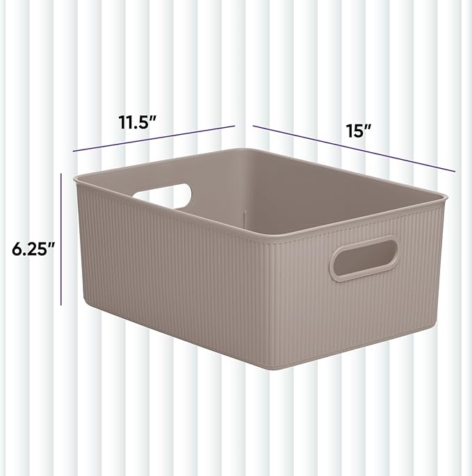 Superio Ribbed Collection - Decorative Plastic Basket Open Home Storage Bins Organizer, Large Taupe (6 Pack) Container Boxes for Organizing Closet Storage Bins for Shelves 15 Liter/16 Quart