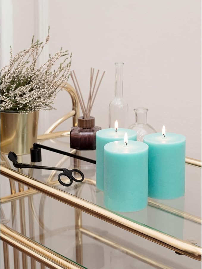 CANDWAX 3x4 inch Pillar Candles Set of 3 – Unscented Dripless Rustic Turquoise Candles for Home Styling, Weddings, Events