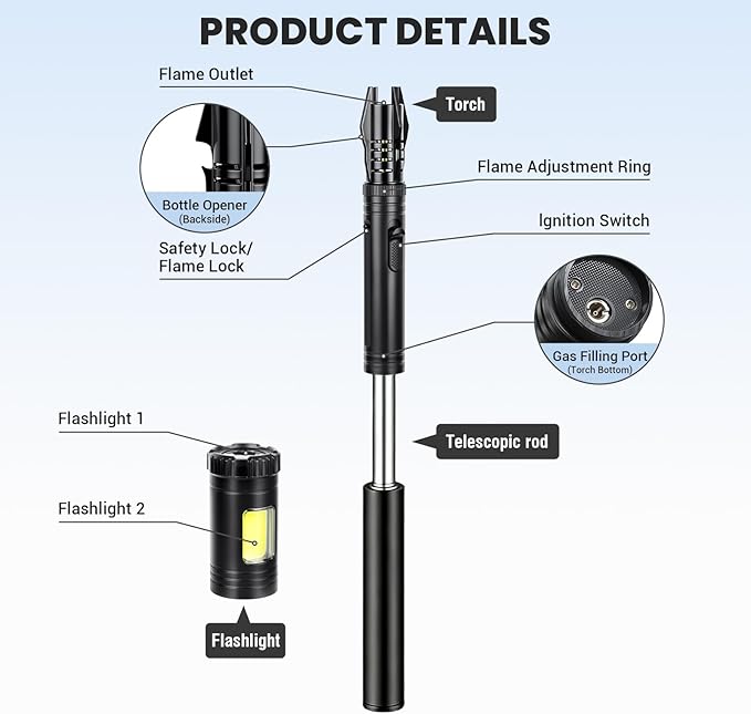 Windproof Torch Lighter, Long Camping Lighter Refillable Butane Gas - 4 in 1 Extendable Lightsaber Lighter with Safety Lock/Jet Flame Cool Lighters for Fireplace Campfires Outdoor Tool for Men