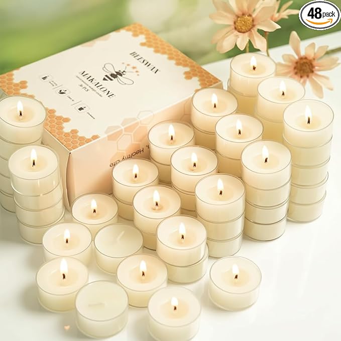 48Pcs White Beeswax Tea Light Candles-4 Hour Burn Time,100% Pure Natural Beeswax-Clean Burning & Air Purifying, Smokeless Bulk Tea Lights for Spa,Meditation,Wedding & Home Decor