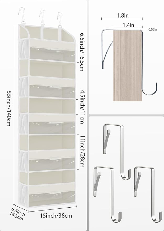 1 Pack Over The Door Storage Organizer with 5 Pockets 10 Mesh Pockets, 44 lbs Weight Capacity Door Hanging Organizers and Storage for Bedroom,Bathroom,Nursery,Kidroom,Babyroom