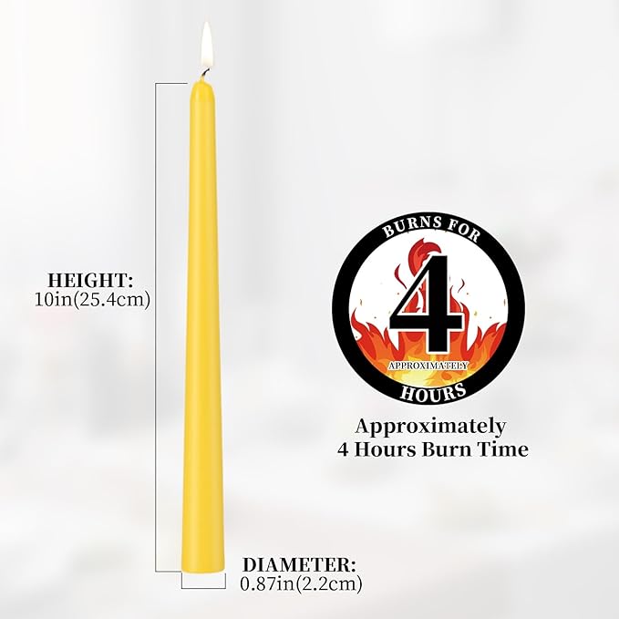 KONNI 0.87×10 Inch Yellow Taper Candles, Unscented and Smokeless Tall Candlesticks, 10 Pack Tapered Candles with Cotton Wicks, Long Burning, Ideal for Weddings, Dinner Parties, and Home Décor