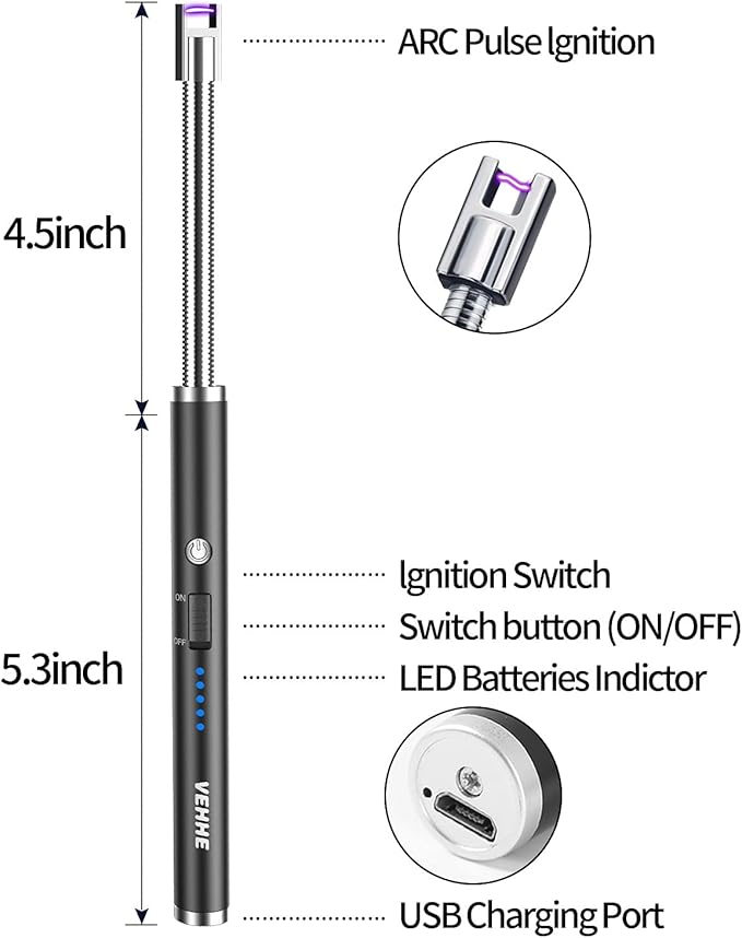 VEHHE Candle Lighter, 2 Pack Rechargeable Electric Lighter with LED Battery Display Safety Switch, Flexible Neck USB Lighters for Candles Camping Grill Gas Stoves Cooking (Black and Silver)