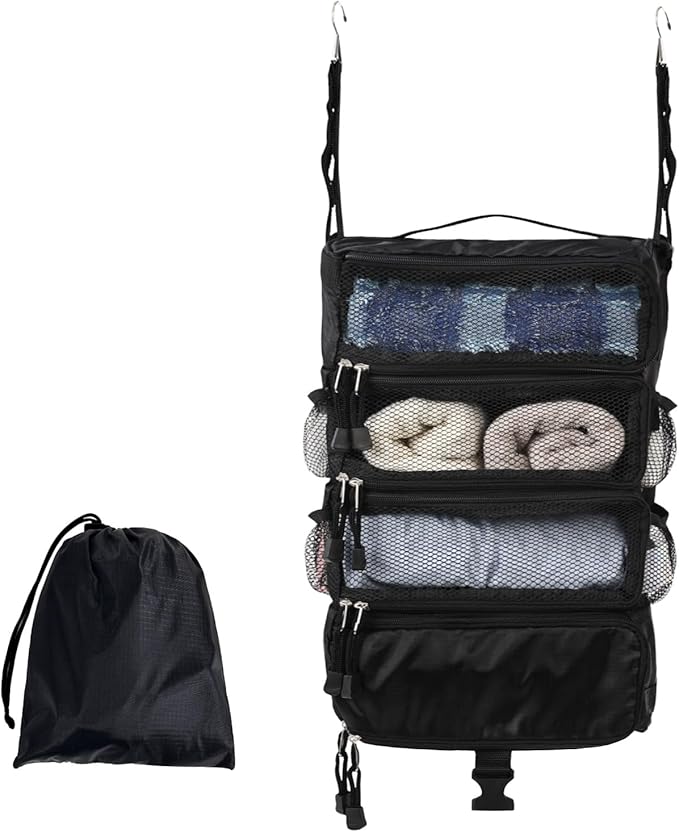TABITORA Travel Luggage Organizer Hanging Packing Cubes Portable Hanging Shelves Carry on Closet for Suitcase with 2 Hooks,Collapsible(Black,M)