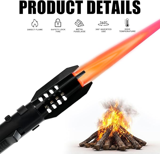 Butane Torch Lighter Cooking Torch Refillable Windproof Firelighter Bright Fire Lighter Christmas Stocking Stuffer Gifts for Men Dad, Blue Red Flame Adjustable Jet Flame for BBQ (Gas Not Included)