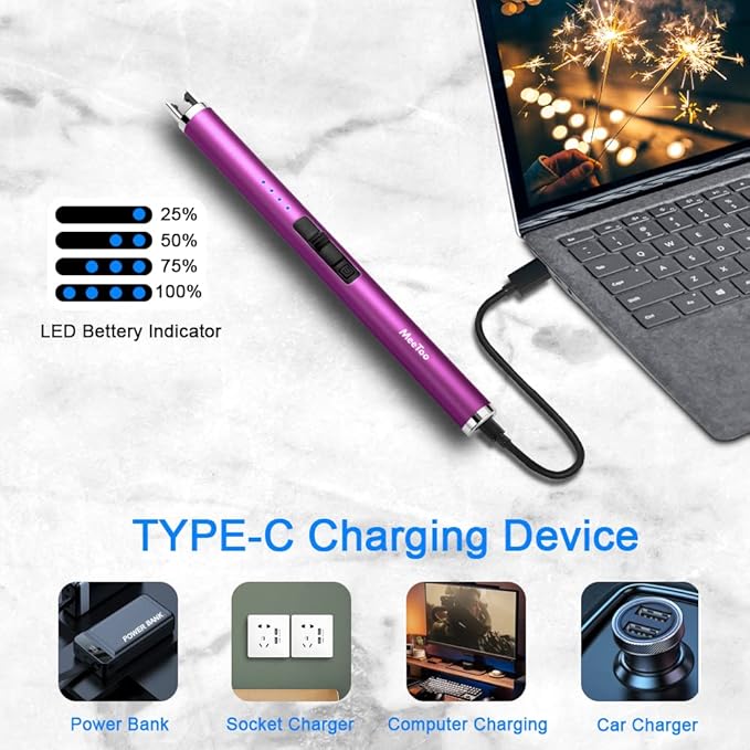 MeeToo Candle Electric Lighter Rechargeable USB Type-C Lighters for Candle Christmas Kitchen Camping Party, Gifts for Wife Women Men Nana Purple