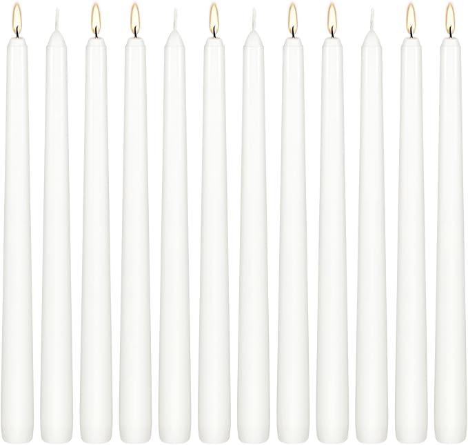 12Pack 10inch White Taper Candles- Dripless, Smokeless and Unscented candle-Long burning 8-9 Hours for home décor, Candlesticks, Dinner Table, Halloween,Vigil, Advent, Christmas, Thanksgiving, Kwanzaa