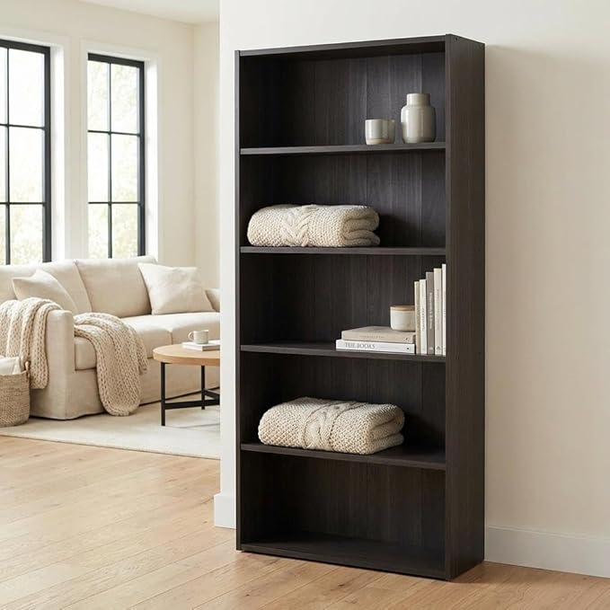 Furnifact Espresso Bookcase with Wood Construction, Single Piece, Modern Design, Durable Wooden Shelving for Living Room, Office Storage