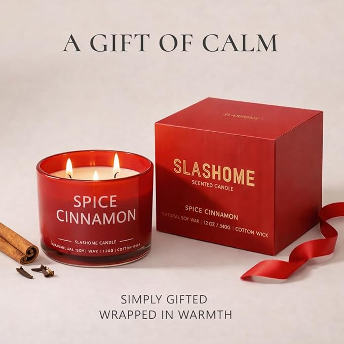 Spiced Cinnamon Scented Candle, Luxury Large 3 Wick Soy Candle 12 Oz, 60+ Hour Long Lasting Clean Burn, Elegant Aromatherapy Home Decor, Housewarming & Birthday Gift for Men & Women