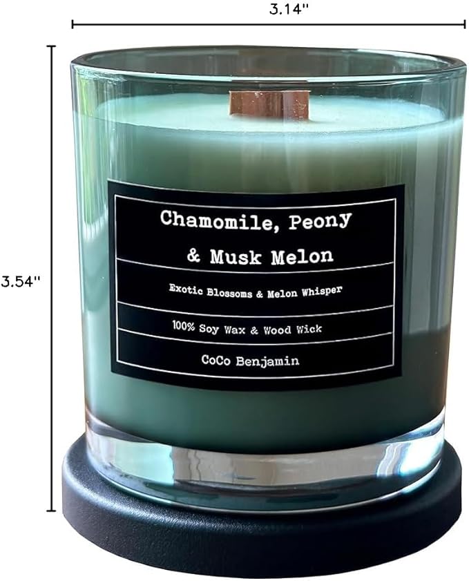 100% Soy, Highly Scented, Hand Poured Soy Candle (Chamomile, Peony & Musk Melon (Wooden Wick))