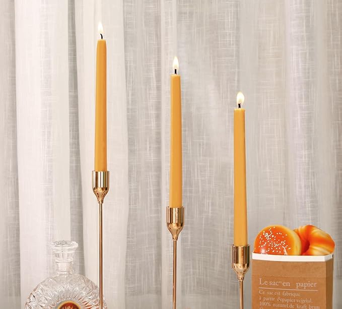 10 inch Pure Bee Waxs Candlestick Tapers 12 Pack,9 Hours Long Burning Beewaxs Taper Candles,Unscented Dripless and Smokeless,for Home Decor, Party, Wedding