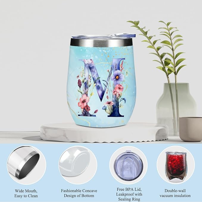 Personalized Gifts Monogrammed Birthday Gifts for Women, Her, Teacher Mother in Law Wedding Christmas Initial Wine Tumbler Makeup Bag Scented Candle Bracelet Set, (Aesthetic Blue Flower M)