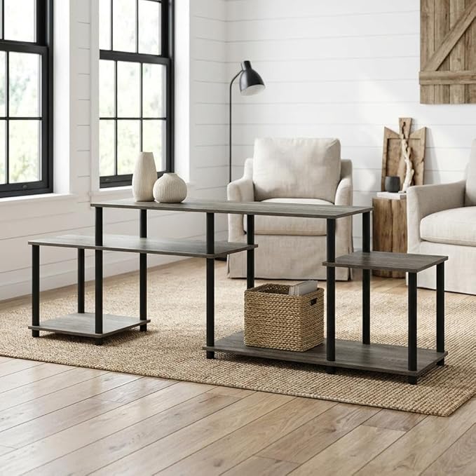 Furnifact French Oak Grey and Black Wood TV Stand for 55 Inch Televisions, Modern Design, Sturdy Construction, Stylish and Functional for Living Room