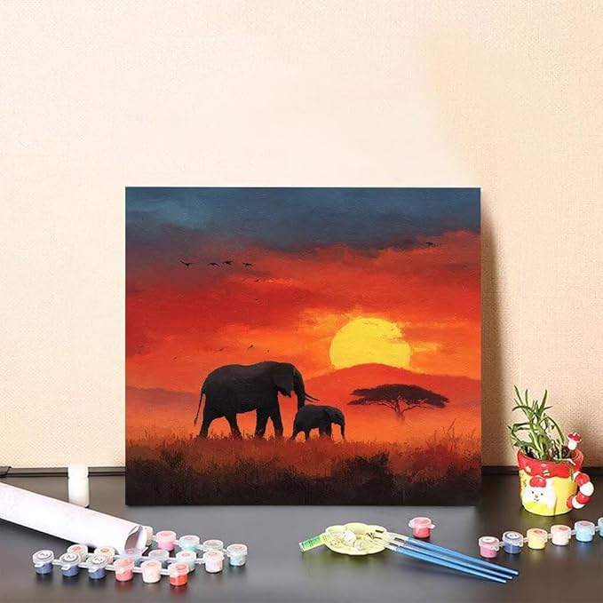 Paint by Numbers Kit for Adults Elephant Paint by Numbers Sunset DIY Crafts for Adults Canvas Paintings Kits, Hobbies for Women Art With Accessories for Home Wall Decor 16x16 Inch Without Frame 2-71W9
