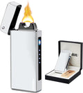 BABOBIU Cool Lighter Flame Lighter Rechargeable Lighters Windproof Lighters Metal Body Battery Display Arc Flame Push Button Type-C Fast Charging for Camping BBQ Fireworks Gifts (Silver)