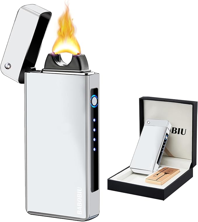 BABOBIU Cool Lighter Flame Lighter Rechargeable Lighters Windproof Lighters Metal Body Battery Display Arc Flame Push Button Type-C Fast Charging for Camping BBQ Fireworks Gifts (Silver)