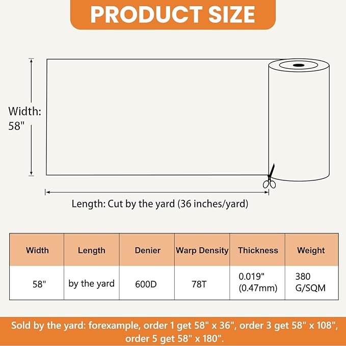 Waterproof Marine Canvas Fabric by The Yard 58" W 600D PVC Backing Water-Resistant Polyester Fabric Upholstery Material for Outdoor Indoor Marine Awning Tent Boat Furniture Cover DIY, 8 Yards Orange