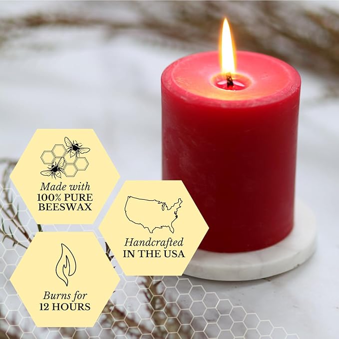 Big Dipper Wax Works Red Pillar Candle, 40-Hour Long Burn, Pure Beeswax Candle, 2" x 4.75”