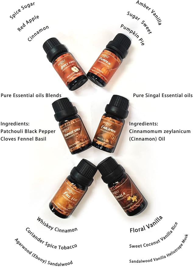 HIQILI Spice Fragrance Oil, Scented Oil 6x10ml for Candle Making Soap Slime, Fall Essential Oils for Diffuser Home, Cinnamon Pumpkin Vanilla Apple Cider Harvest Spice Fall Leaf, Christmas (Pack of 2)