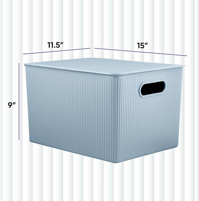Superio Ribbed Collection - Decorative Plastic Basket Open Home Storage Bins Organizer, Blue Containers for Organizing Closet Storage Bins for Shelves (Bin with Lid- Extra Large (22 Liter), 1 Pack)