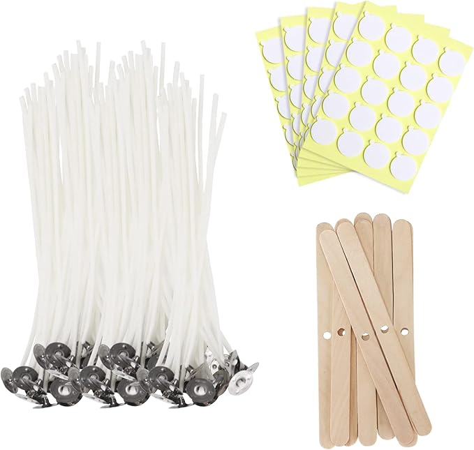 JEAWIWI Candle Wick 6 in 100 Pcs with 100 Pcs Wick Stickers and 10 Pcs Candle Wick Holders, Cotton Candle Wicks for Candle Making for Soy Wax, Beeswax, Coconut Wax