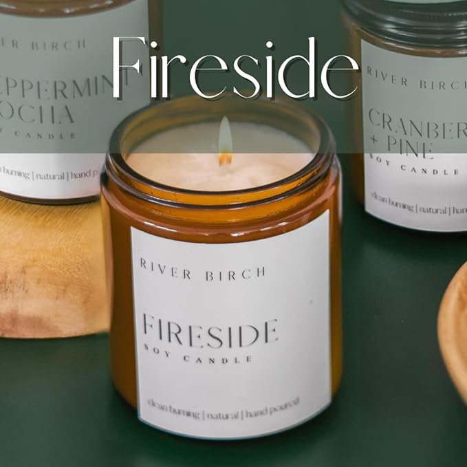 River Birch Candles Fireside Scented Candle | Premium, All-Natural, Non-Toxic, Soy Amber Jar Candles | 8.5oz 40 Hr Burn Time | Cozy Relaxing Gifts for Home