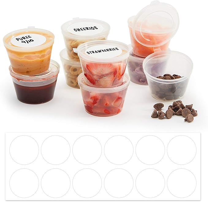 50 Pack BPA-Free Disposable Baby Food Freezer Storage Containers Hinged Lids (3 oz) Labels | Leak-Proof | Travel Snack Cups | Store Homemade, Organic Purees | Freezer Dishwasher Safe