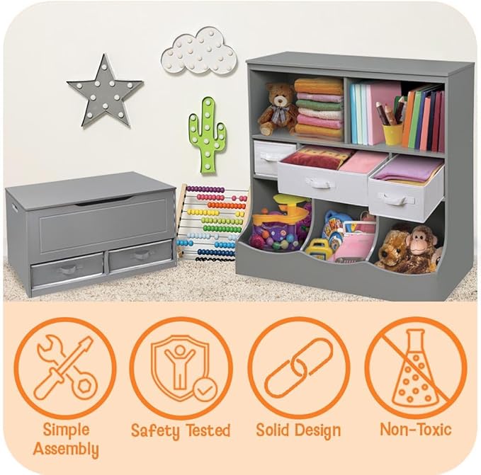 Badger Basket Combo Toy Storage Organizer and Bookshelf - Kids Storage Unit with 3 Removable Baskets, Open Shelves, Top Display Surface - Gray Cloud