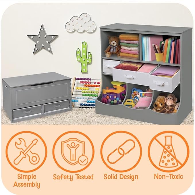 Badger Basket Upright Storage Nook with Reversible Basket - Melamine Surface, 2 Shelves & 1 Angled Bin, Customizable Storage Solution for Kids - White