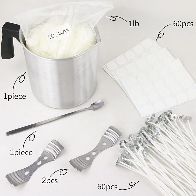 EricX Light Candle Making Kit, 60pcs Candle Wicks, 60pcs Candle Wicks Sticker, 16oz Soy Wax, 1pc Candle Wax Pouring Pot, 2pcs 3-Hole Wicks Centering Devices, 1pc Mixing Spoon, DIY Candles Craft Tools