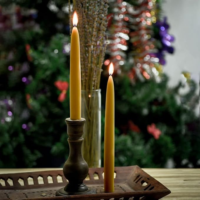 10 inch Natural Beeswax Taper Candles Set of 12, DEYBBY Smokeless and Dripless Beeswax Candles, 9Hrs Burn Time, Nontoxic