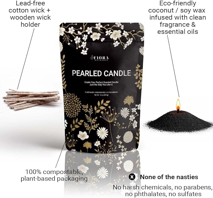 Fiora Naturals Pearled Candle Sand with Wicks – 1 Lb Sand Wax Beads & 20 Cotton Wicks – DIY Refillable Candle Making Kit, Long-Lasting, Smoke-Free, Clean Burning Snow Candles, Mothers Day Gift