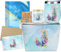 Personalized Gifts Monogrammed Birthday Gifts for Women, Maid of Honor Bachelorette Wedding Christmas Initial Wine Tumbler Makeup Bag Scented Candle Bracelet Set, (Aesthetic Blue Flower J)