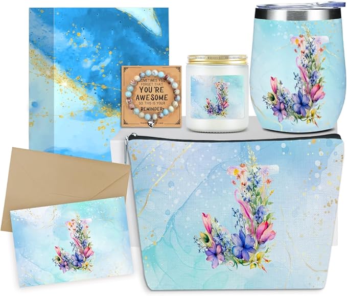 Personalized Gifts Monogrammed Birthday Gifts for Women, Maid of Honor Bachelorette Wedding Christmas Initial Wine Tumbler Makeup Bag Scented Candle Bracelet Set, (Aesthetic Blue Flower J)