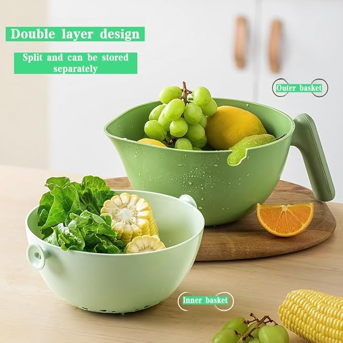 2-1 Kitchen Colander Rotating Washing Basket with Handle - Pasta Strainer - Fruit Washing Bowl with Strainer - Fruit Rinser Container (Avocado Green)