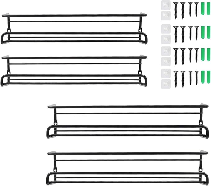 Carbon Steel Wall-Mounted Kitchen Spice Rack,Wall-Mounted Spice Rack Heavy-Duty Space-Saving Organizer with Adhesive or Screw Mountable, for Cabinet Doors, Pantry Walls (4Pcs Black)