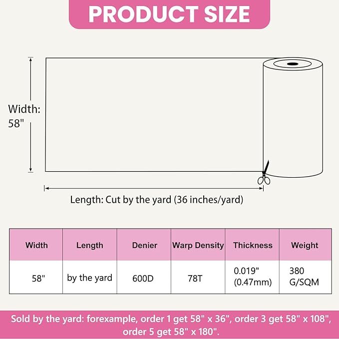 Waterproof Marine Canvas Fabric by The Yard 58" W 600D PVC Backing Water-Resistant Polyester Fabric Upholstery Material for Outdoor Indoor Marine Awning Tent Boat Furniture Cover DIY, 10 Yards Pink