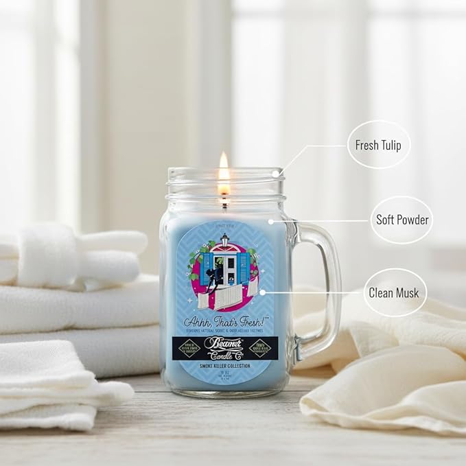 Ahhh, That’s Fresh Candle – Strong Scent – Fresh Linen & Clean Cotton – Long Lasting 90 Hour Burn – Large 12oz Mason Jar – Made in USA – Beamer Candle Co.