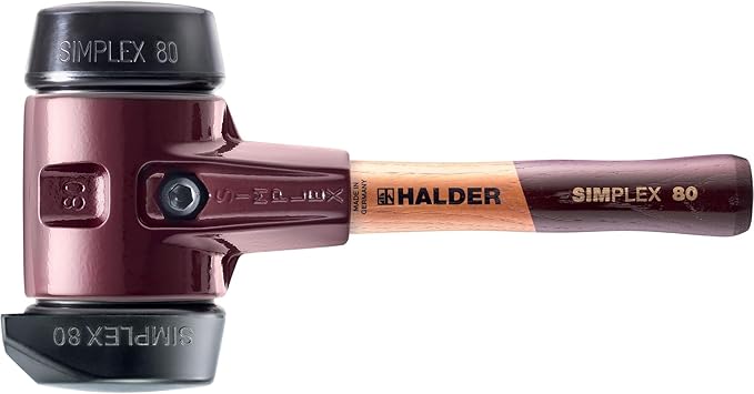 Halder Simplex Soft-Faced Mallet 3022.282 – Medium-Hard "Stand-Up" Rubber Inserts, Cast Iron Housing with Handle Protection Sleeve, Extra Short Hickory Handle, 80mm, 6.2 lbs.