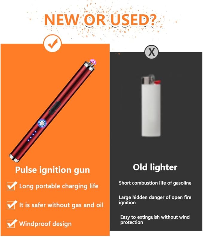 Electric Candle Lighter Rechargeable Plasma Flameless USB Lighter with Safety Lock Dual Arc LED Display for Grill Kitchen Camping (Red)