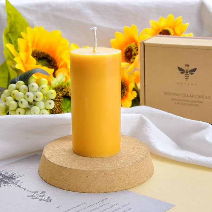 DEYBBY Natural Beeswax Pillar Candle, Smokeless Dripless Pure Beeswax Candle Set with Natural Scent for Room Decoration Prayer Party, Long Lasting Burn Time, 2 X 4 inch (4 Pack),Yellow Raw
