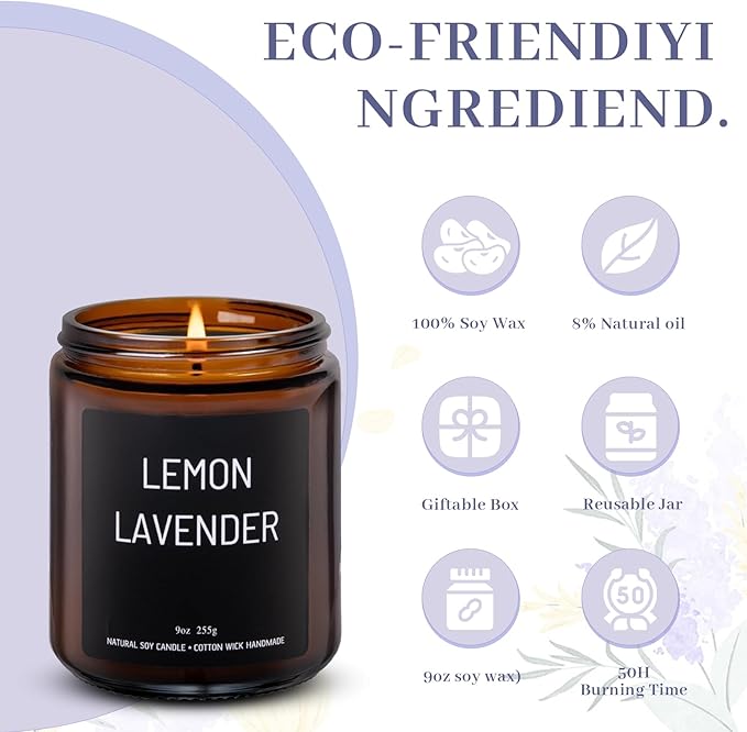 Luxury Lemon & Lavander Scented Candles Gift Set-100% Natural Soy Wax, 50H Clean Burn, Hand-Poured, Relaxing Aromatherapy for Home, Bedroom, Yoga & Spa,9oz-255g